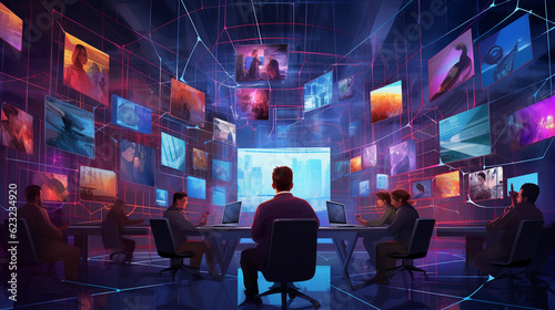 Video conferencing scene as seen through a fish - eye lens, multiple square boxes, each with a diverse individual engaged in discussion, burst of neon lines connecting them symbolizing connectivity, r