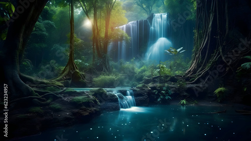 Mystery night at deep tropical rain forest with flowing cascade waterfall. Fantasy jangle landscape,Generative Ai © Mian