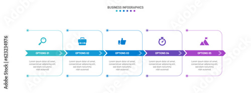 Timeline infographic with infochart. Modern presentation template with 5 spets for business process. Website template on white background for concept modern design. Horizontal layout.