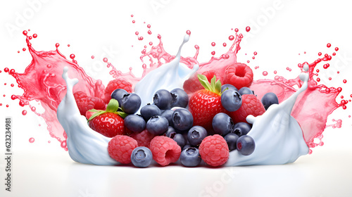 The velvety yogurt splash dances with the combination of plump strawberries, juicy blueberries, and tangy raspberries, frozen in a moment of delectable indulgence against a pure white background.