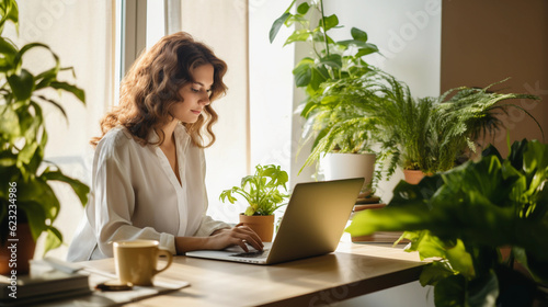 Working woman in a casual outfit, video conferencing on her laptop from her stylish, minimalist home office, wooden desk, Macbook Pro, notepad, natural sunlight, green indoor plants in the background