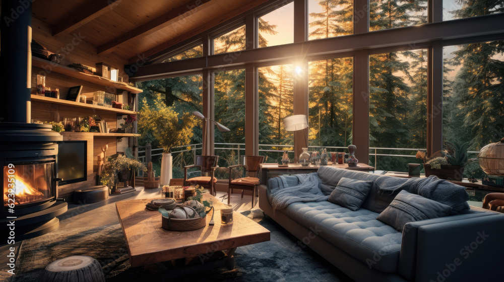 Cozy, energy-efficient home interior lit only by natural light coming in through large windows. Generative AI