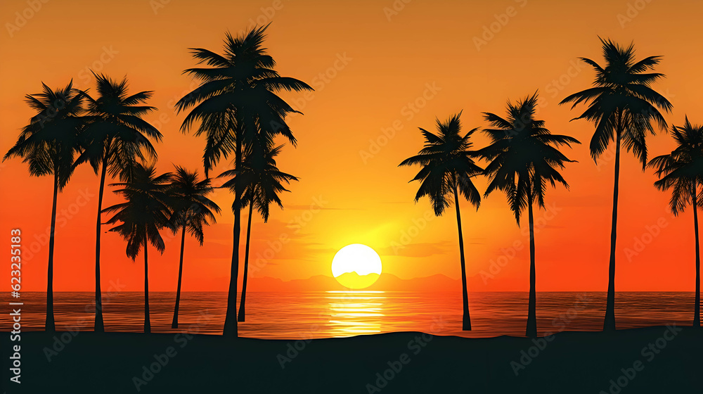Tropical palm trees silhouette silhouetted by sunset of sunrise,Generative Ai