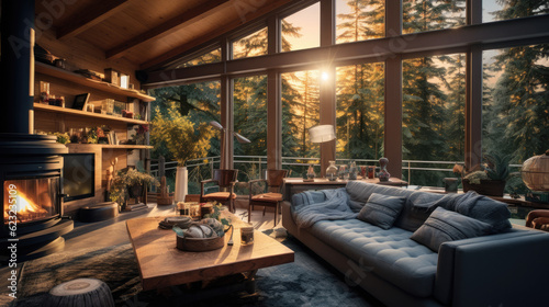 Cozy  energy-efficient home interior lit only by natural light coming in through large windows. Generative AI