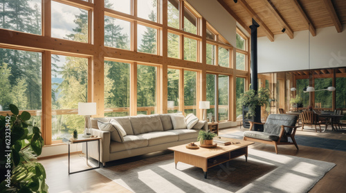 Comfortable  energy-saving home interior  solely illuminated by natural light streaming through large windows. Generative AI