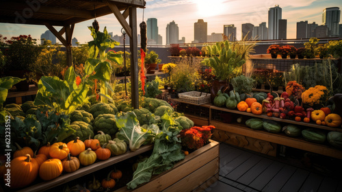 Assortment of vegetables growing in upcycled containers, set in an urban rooftop garden. Generative AI