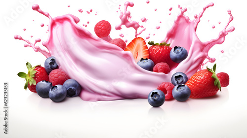 Against a pristine white background, a creamy yogurt splash entwines with a medley of strawberries, blueberries, and raspberries in a captivating display.
