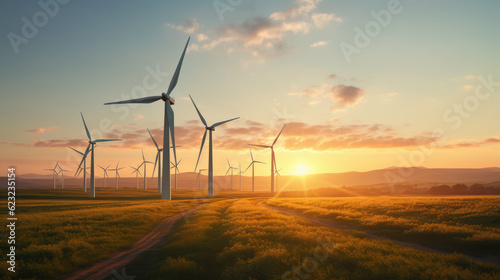 Wind turbine field at sunset. Generative AI