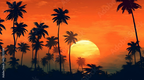 Tropical palm trees silhouette silhouetted by sunset of sunrise,Generative Ai