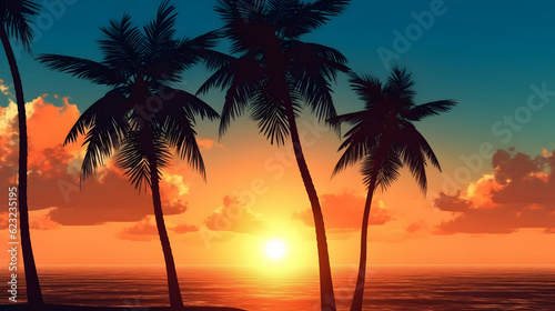 Tropical palm trees silhouette silhouetted by sunset of sunrise Generative Ai
