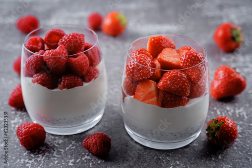 Greek yogurt Chia seeds strawberry and raspberry parfait