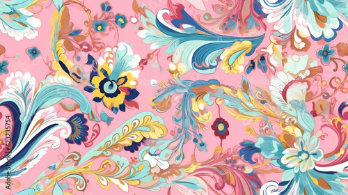  a pink background with colorful flowers and swirls on it. generative ai