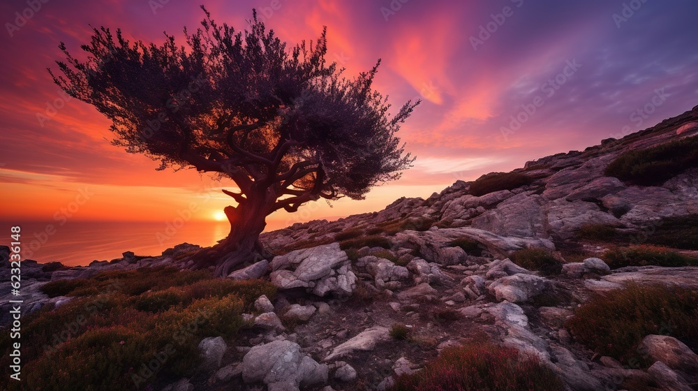  a lone tree on a rocky hillside with a sunset in the background.  generative ai