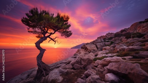 a lone pine tree on a rocky cliff at sunset with the ocean in the background. generative ai