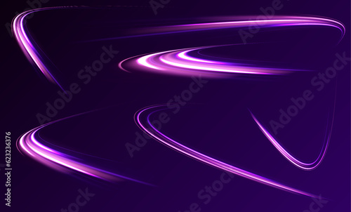 Vector dark blue abstract background with ultraviolet neon glow, blurry light lines, waves. High speed effect motion blur night lights blue and red. Magic shining neon light line trails.