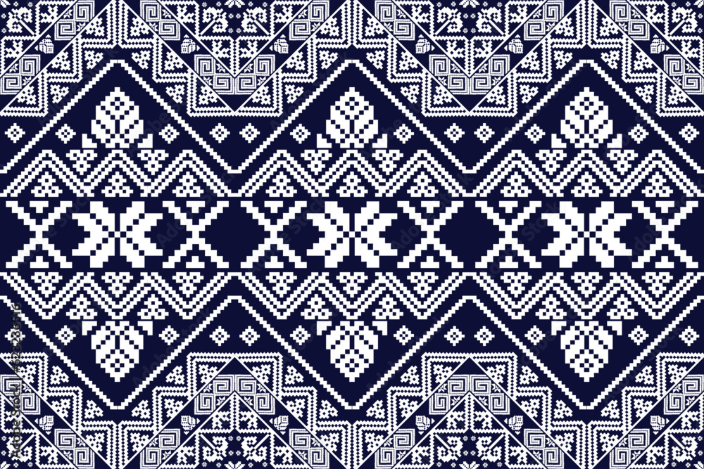 Fototapeta premium set navy blue geometric pattern ethnic seamless fabric design for textile background,texture,batik,carpet,mosaic,ceramics,backdrop,wallpaper,clothing,craft,wall,floor,decorative,buildingretro,wrapping
