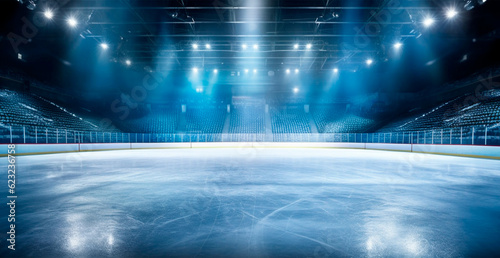 Fototapeta Hockey stadium, empty sports arena with ice rink, cold background with bright li