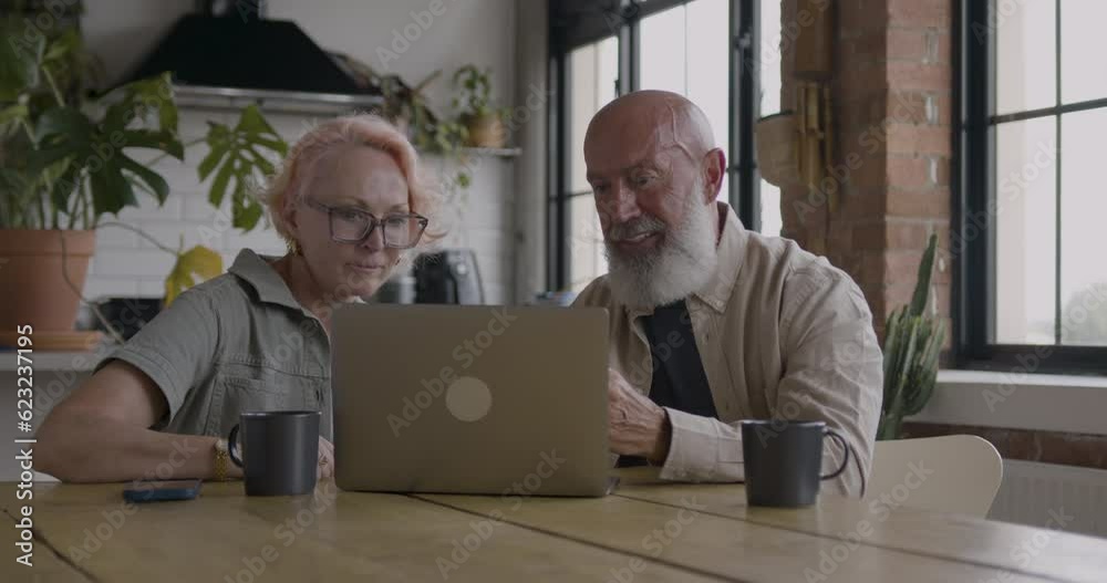 Senior Adult Couple using Laptop at Home in Kitchen Senior Adult Couple using Laptop at Home in Kitchen