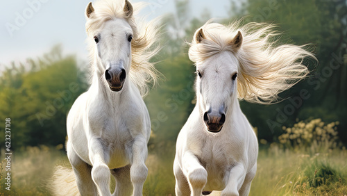Two Falabella miniature horses frolicking across a field.