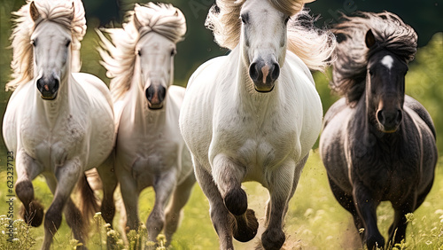 A group of Falabella miniature horses racing across a field. © noel
