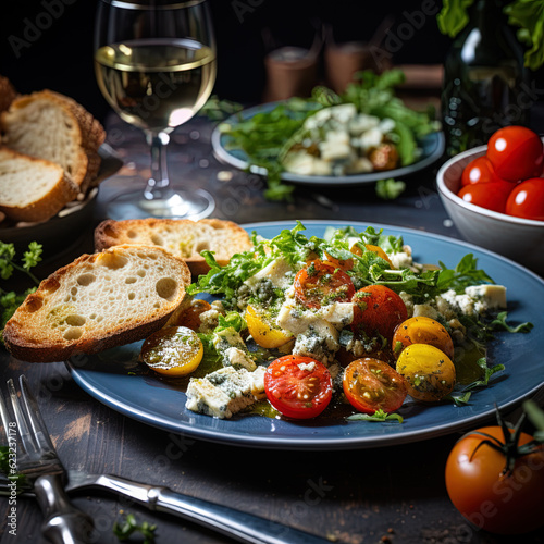 A place of Waldorf salad, blue cheese, toast and a glass of white wine on a dinner table.
