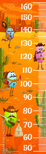 Kids height chart western vitamin cowboy, sheriff, ranger and bandits characters. Vector growth meter with funny B6, A, P and B12 capsules with guns, money sack and dynamite in desert, wall sticker