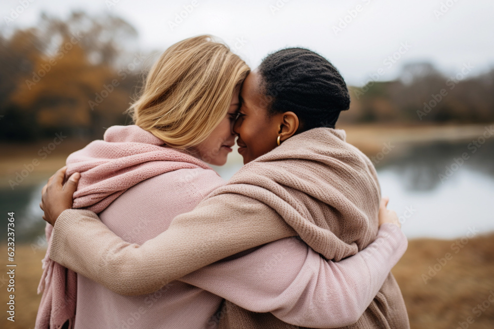 Two female friends or partners embracing each other Two female friends or partners embracing each other