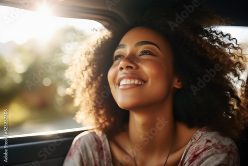 Cheerful African American woman leans out of the car window, enjoying the sun © Creative Clicks
