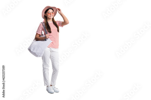 photo of teen girl in summer tote isolated on white, copy space