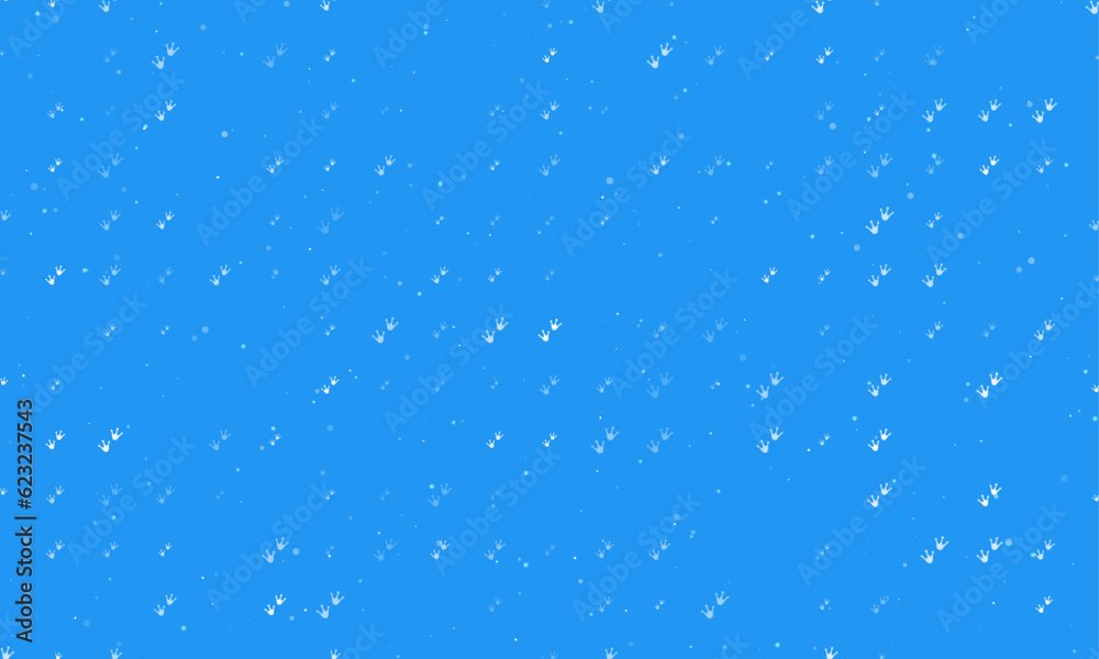 Seamless background pattern of evenly spaced white frog tracks symbols of different sizes and opacity. Vector illustration on blue background with stars