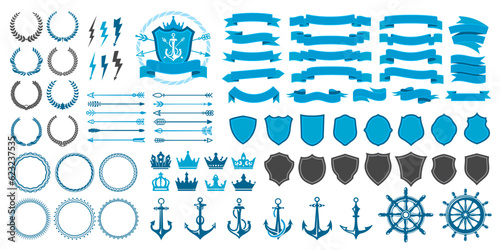 Vintage badge, seal, laurel wreath and crown, arrow, anchor and shield vector objects. Marine, nautical or naval heraldic symbols and heraldry signs for royal yacht club with ship anchor and helm