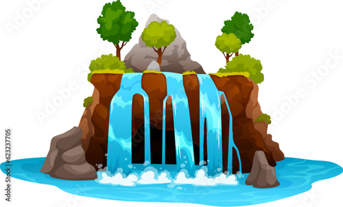 Cartoon waterfall and water cascade. Vector splashing streams and jets falling from rock with lush green vegetation. Isolated multiple flows, natural environment or park decoration with summer plants