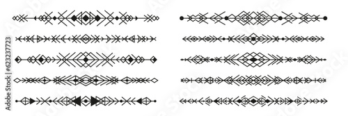 Tribal dividers, borders and delimiters, vignettes and separators with vector geometric patterns. Mayan and aztec ethnic ornaments with triangles and rhombus. African and mexican tribe motif dividers