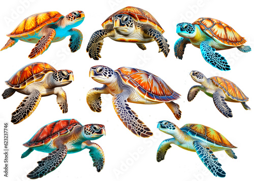 Foto Set of sea turtles isolated on a transparent background, Generative AI