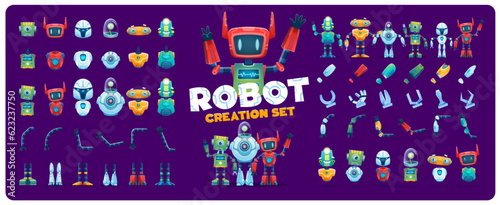 Robot creation kit. Cartoon character constructor and animation asset of cute droid, android or cyborg bot vector personages. AI robot body parts set with funny faces, automation armor, legs and arms photo