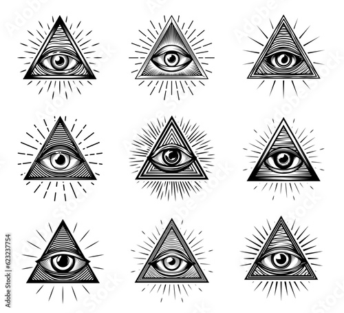 Illuminati eyes with mason pyramids. Triangle providence symbols with all seeing eye of God and glory light sketches. Vector engraving tattoo, occult, esoteric religion and alchemy magic amulets