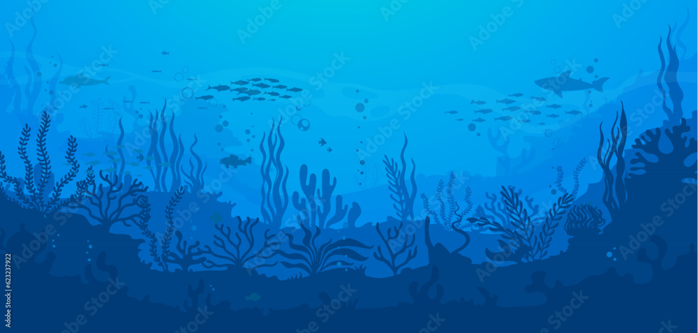 Cartoon underwater sea landscape silhouette with fish shoal and shark in seaweeds, vector background. Undersea or ocean coral reef silhouette landscape with dolphin in deep water of sea bottom
