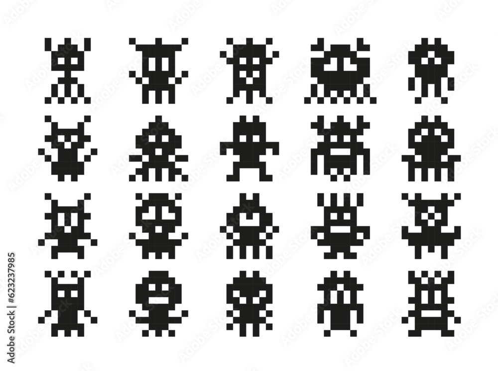 Pixel monsters, arcade games characters of vector alien creatures, space invaders, robots, viruses or trolls. 8 bit pixel art personages of retro computer and video games with funny faces, tentacles Pixel monsters, arcade games characters of vector alien creatures, space invaders, robots, viruses or trolls. 8 bit pixel art personages of retro computer and video games with funny faces, tentacles