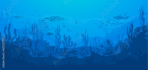 Fototapeta Naklejka Na Ścianę i Meble -  Cartoon underwater sea landscape silhouette with fish shoal and shark in seaweeds, vector background. Undersea or ocean coral reef silhouette landscape with dolphin in deep water of sea bottom