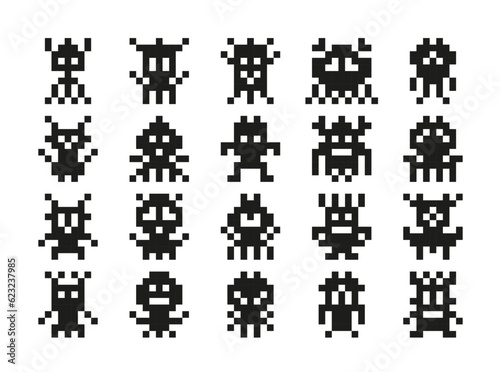 Pixel monsters, arcade games characters of vector alien creatures, space invaders, robots, viruses or trolls. 8 bit pixel art personages of retro computer and video games with funny faces, tentacles