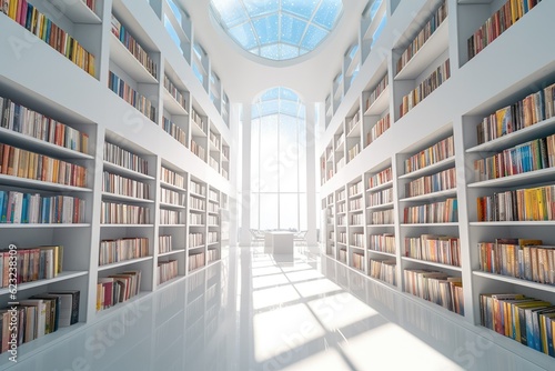 Futuristic modern white public library. Light and spacious modern library with Bookshelves, working space.