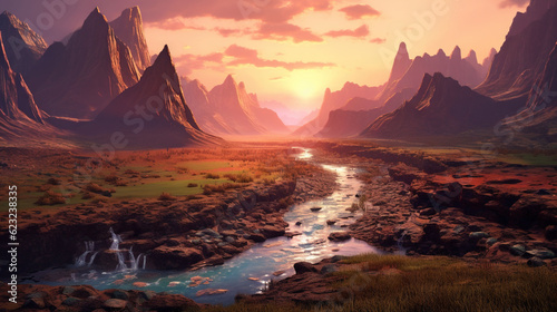  a painting of a mountain landscape with a river running through it. generative ai