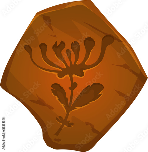 Ancient fossil, plant imprint in stone, vector paleontology and archaeology science. Cartoon rock of Jurassic period with impression or trace of prehistoric plant silhouette with leaves and flower
