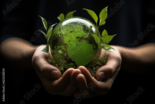 Hands Holding Globe with Green Plants - Eco Awareness photo
