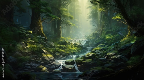  a painting of a stream in a forest with rocks and trees.  generative ai © Anna