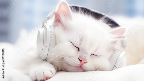Cute little kitten with headphones on bed at home, closeup. selective focus. 