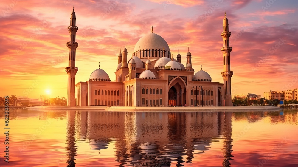 Sharjah Mosque Largest mosque in Dubai, beautiful traditional Islamic architecture Design, best Travel and tourism spot colorful sunset mosque view Generative AI