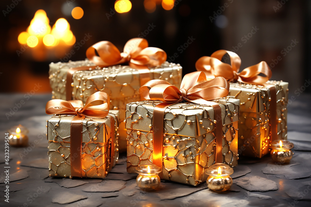 Shiny gift box with beige bow on the background of bokeh effect. Generative AI