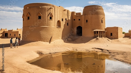 Water cistern and The Castle of Narenj in desert town Naein Generative AI photo