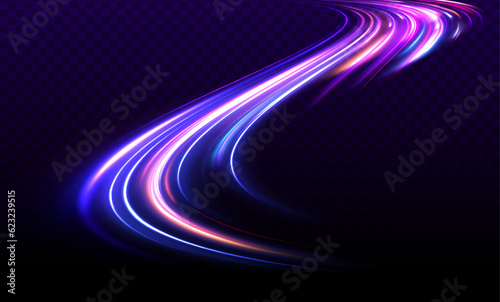 Abstract futuristic neon background with glowing ascending lines. Light Trails On Road At Night. Image of speed motion on the road.  